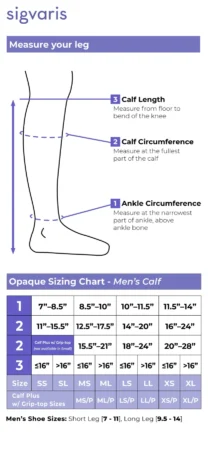 Sigvaris Men’s Essential Opaque Calf with Grip-Top calf size chart