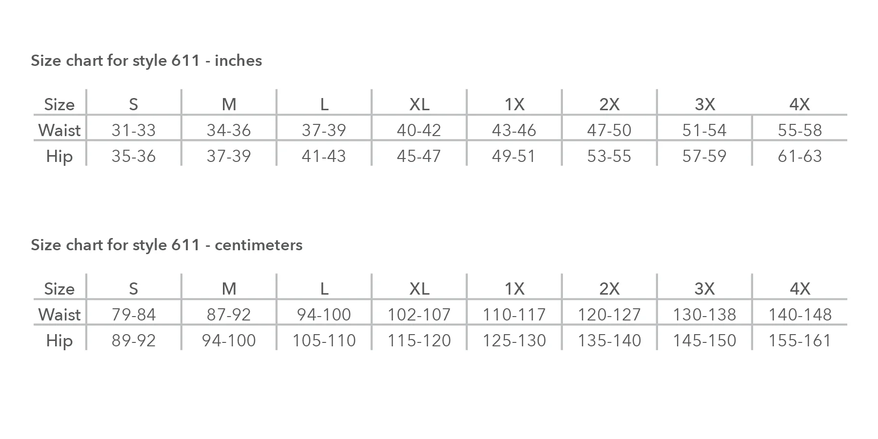 Wear Ease Compression Capris size chart