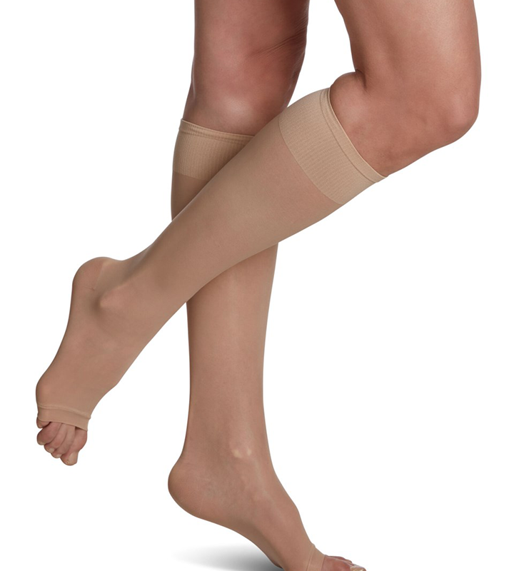 sigvaris women's sheer fashio calf open toe compression stockings honey color