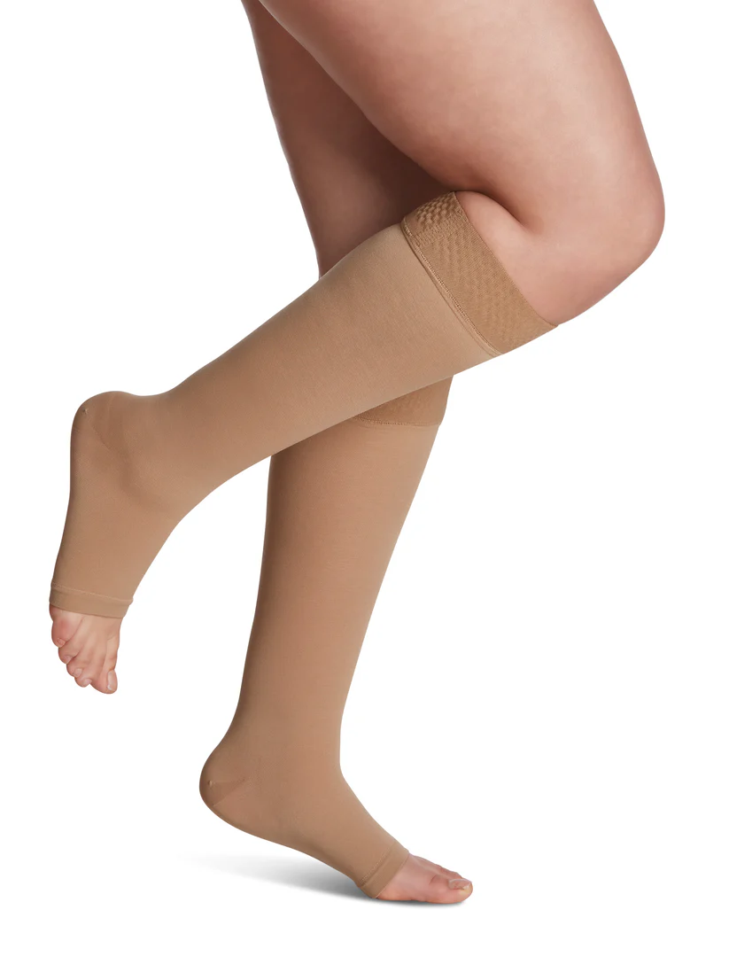 sigvaris Women's Essential Opaque Calf Open-Toe Grip-Top compression stockings